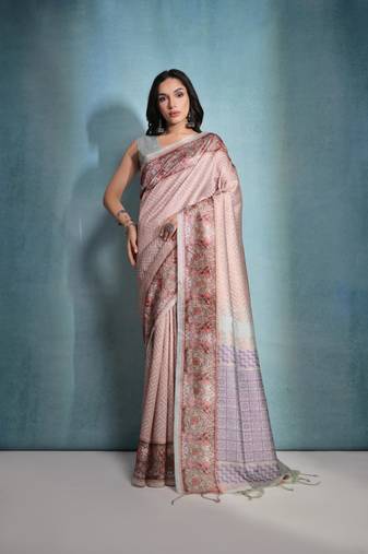Chiku Cotton Silk Printed Border And Printed Pallu Saree With Blouse For Women