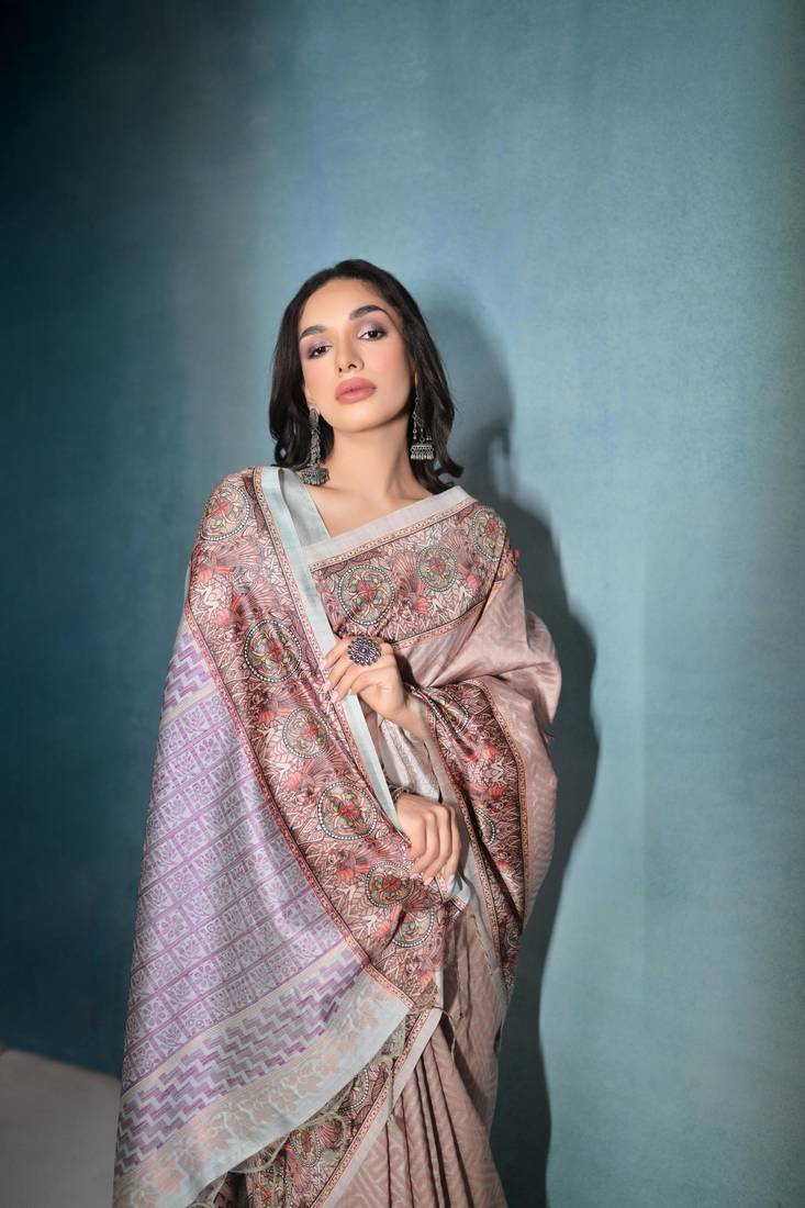 Chiku Cotton Silk Printed Border And Printed Pallu Saree With Blouse For Women