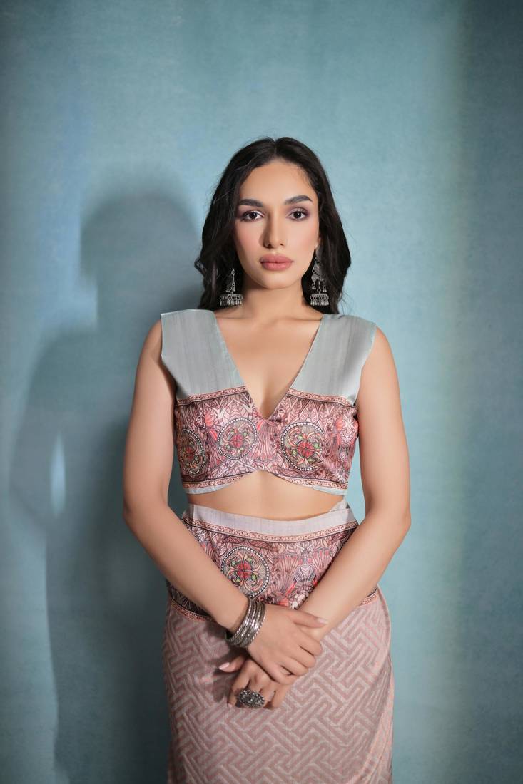 Chiku Cotton Silk Printed Border And Printed Pallu Saree With Blouse For Women