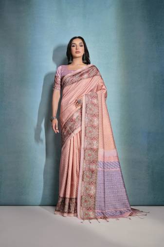 Peach Cotton Silk Printed Border And Printed Pallu Saree With Blouse For Women