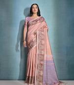 Peach Cotton Silk Printed Border And Printed Pallu Saree With Blouse For Women