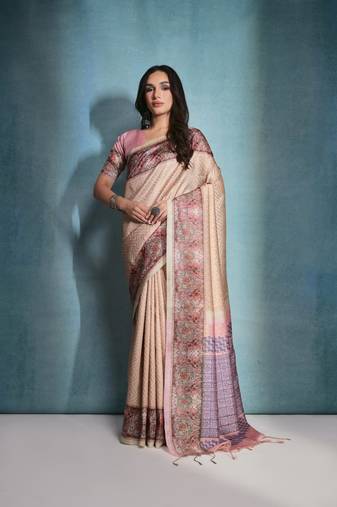 Yellow Cotton Silk Printed Border And Printed Pallu Saree With Blouse For Women