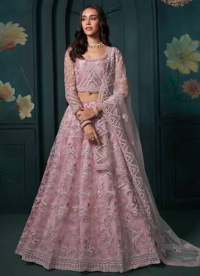 dusty pink net embroidered wedding lehenga 1