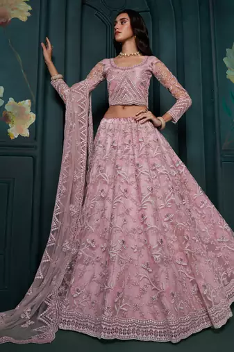dusty pink net embroidered wedding lehenga