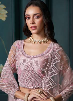 dusty pink net embroidered wedding lehenga 3