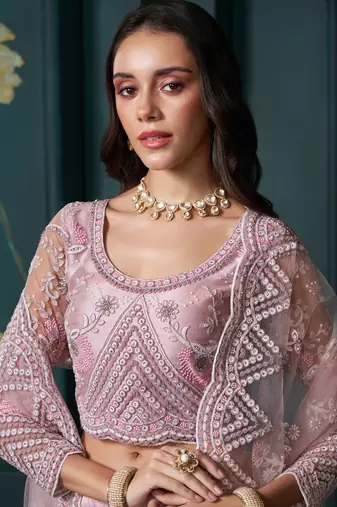 dusty pink net embroidered wedding lehenga