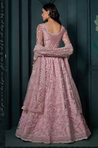 dusty pink net embroidered wedding lehenga
