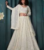 Off White Georgette Thread Embroidered Lehenga