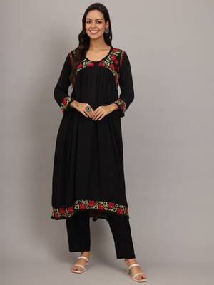 Black multi modal hand embroidered chikankari alia cut a-line kurta 1