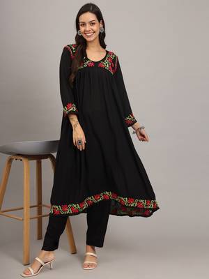 Black multi modal hand embroidered chikankari alia cut a-line kurta 5