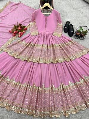 Baby Pink Colour Designer Wedding Wear Faux Georgette Full Stitched Lehenga CHoli 4
