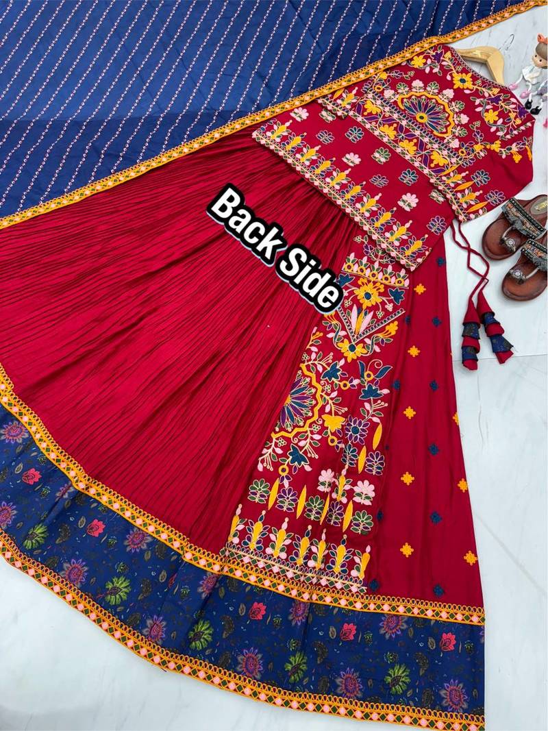 Red Colour Pure Rayon Fabric Gamthi Work Fully Stitched Crop Top Lehenga -  KANLIROSE - 4458642