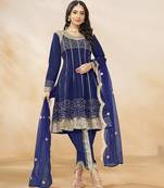Art silk embroidered and sequins work navy blue designer salwar kameez for ceremonial
