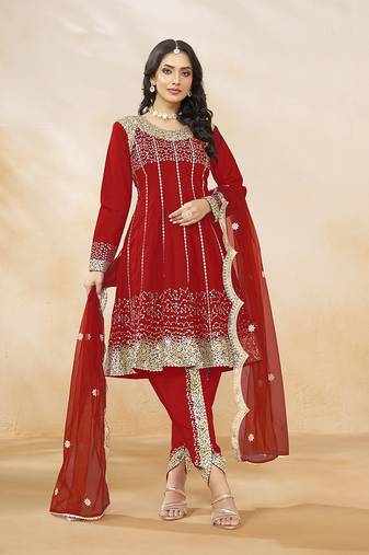 Art silk red embroidered and sequins work readymade salwar kameez