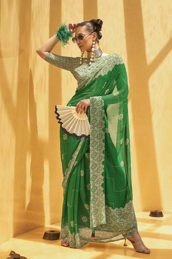 Georgette Printed Classic Saree In Green