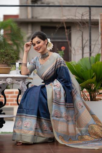 Navy Blue Tussar Print Soft Saree With Zari Border And Printed Pallu With Printed Blouse