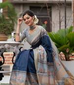Navy Blue Tussar Print Soft Saree With Zari Border And Printed Pallu With Printed Blouse