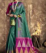 Teal Raw Silk Weaving Saree And Zari Woven Contrast Pallu And Triangal Border With Blouse 