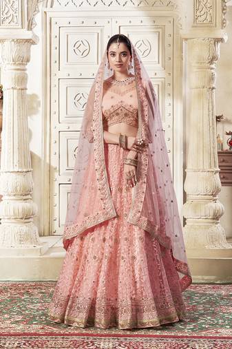Peach Net Thread Embroidery And Dimond Work Lehenga Choli