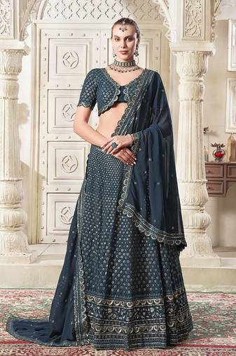 Dark Teal Embroidered And SequinsWork Georgette Designer Lehenga Choli