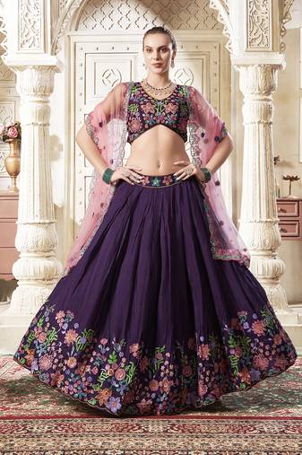 Embroidered Silk Blend Purple Lehenga Choli