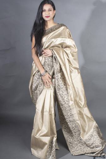 Cream  Raw Silk Designer Rich Pallu And Designer Border Saree With Blouse For Women