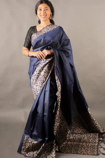 Navy Blue Raw Silk Designer Rich Pallu And Designer Border Saree With Blouse For Women