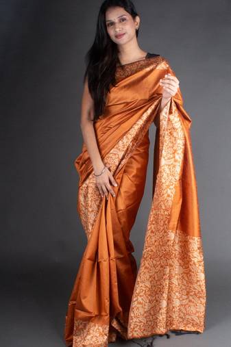 Brown Raw Silk Designer Rich Pallu And Designer Border Saree With Blouse For Women