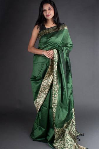 Green Raw Silk Designer Rich Pallu And Designer Border Saree With Blouse For Women