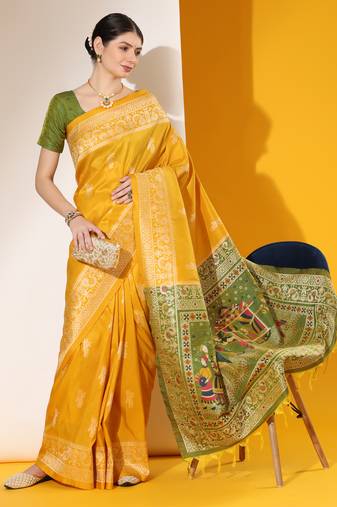 Yellow Raw Silk Designer Border & Fancy Rich Pallu With Raw Silk Blouse And Saree For Women  