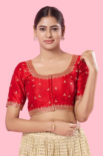 Mmore Women's Mulberry Silk Embroidered Readymade Padded Saree Blouse