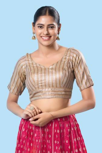 Mmore Women's Brocade Printed Readymade Padded Saree Blouse