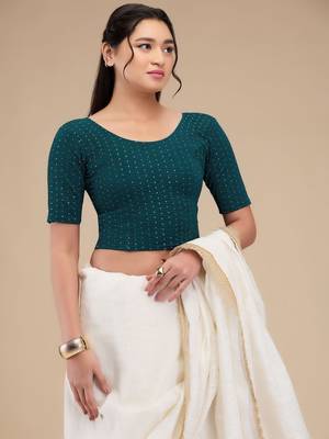 Mmore Women's Lycra Self Design Readymade Non Padded Saree Blouse 4