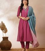 A-line kurta in silk blend fabric with embroidery detailing paired with lined silk blend pants and dupatta.