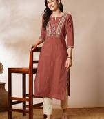 Straight kurta in striped cotton fabric with block printed yoke.
