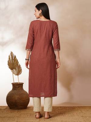 Straight kurta in striped cotton fabric with block printed yoke. 2