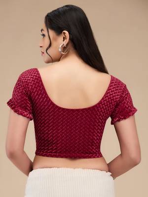 Mmore Women's Velvet Self Design Readymade Non Padded Saree Blouse 2