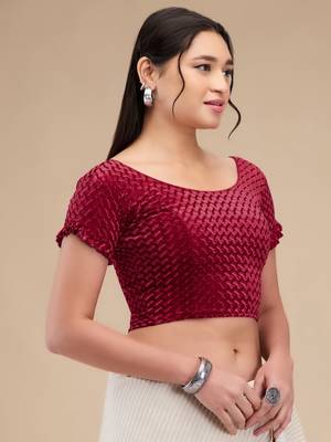 Mmore Women's Velvet Self Design Readymade Non Padded Saree Blouse 4