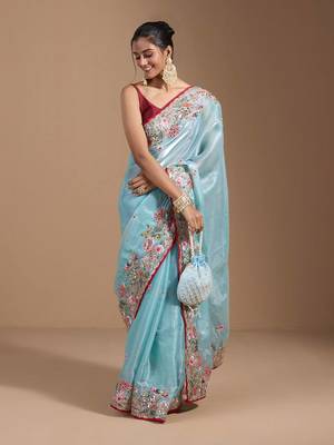 Sky Colour Organza Zari Work Wedding Saree With Unstitched Blouse 1
