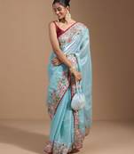 Sky Colour Organza Zari Work Wedding Saree With Unstitched Blouse