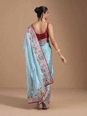 Sky Colour Organza Zari Work Wedding Saree With Unstitched Blouse 2