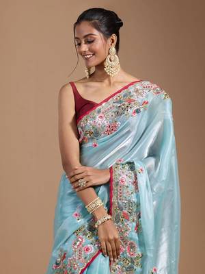 Sky Colour Organza Zari Work Wedding Saree With Unstitched Blouse 3