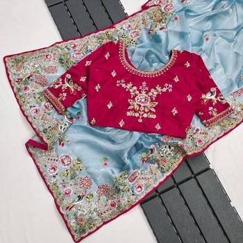 Sky Colour Organza Zari Work Wedding Saree With Unstitched Blouse 4