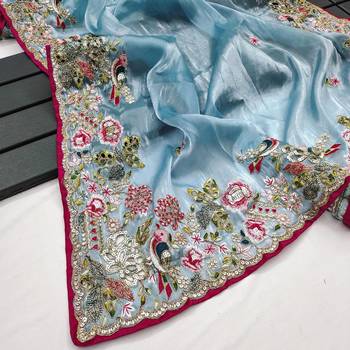 Sky Colour Organza Zari Work Wedding Saree With Unstitched Blouse 5