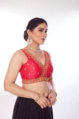 Mmore Women's Phentom Silk Embroidered Readymade Padded Saree Blouse 4