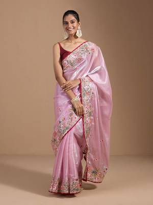 Pink Colour Organza Zari Work Wedding Saree With Unstitched Blouse 1