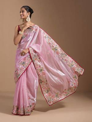 Pink Colour Organza Zari Work Wedding Saree With Unstitched Blouse 2