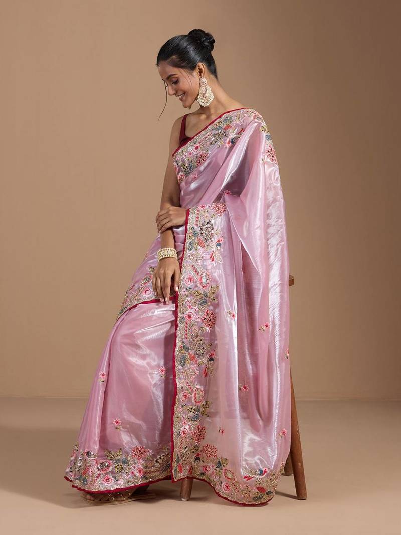 Pink Colour Organza Zari Work Wedding Saree With Unstitched Blouse
