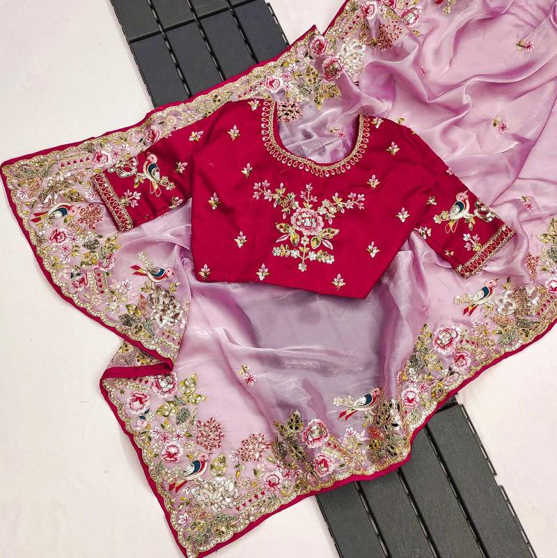 Pink Colour Organza Zari Work Wedding Saree With Unstitched Blouse