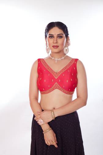 Mmore Women's Phentom Silk Embroidered Readymade Padded Saree Blouse